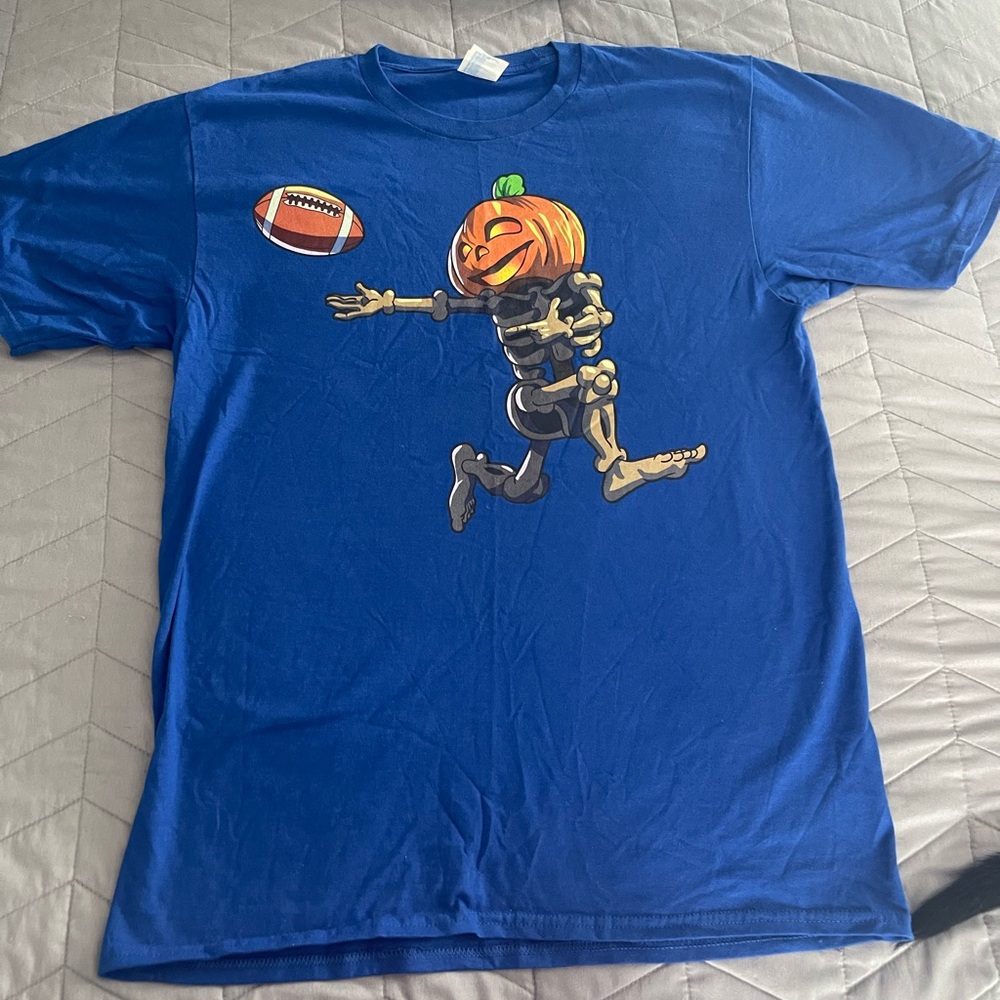 Blue Halloween Football Skeleton Graphic T-Shirt